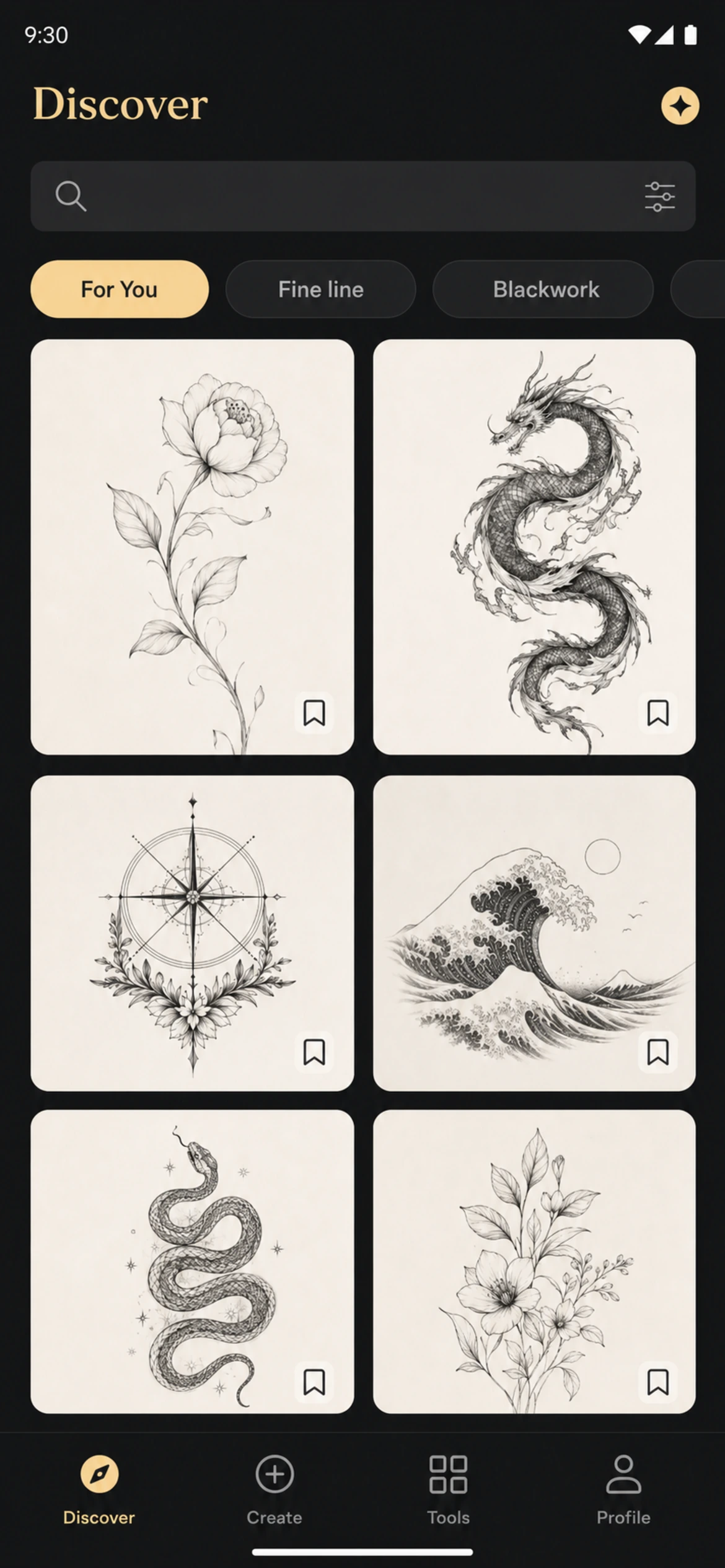 OpenInk mobile gallery of curated tattoo styles