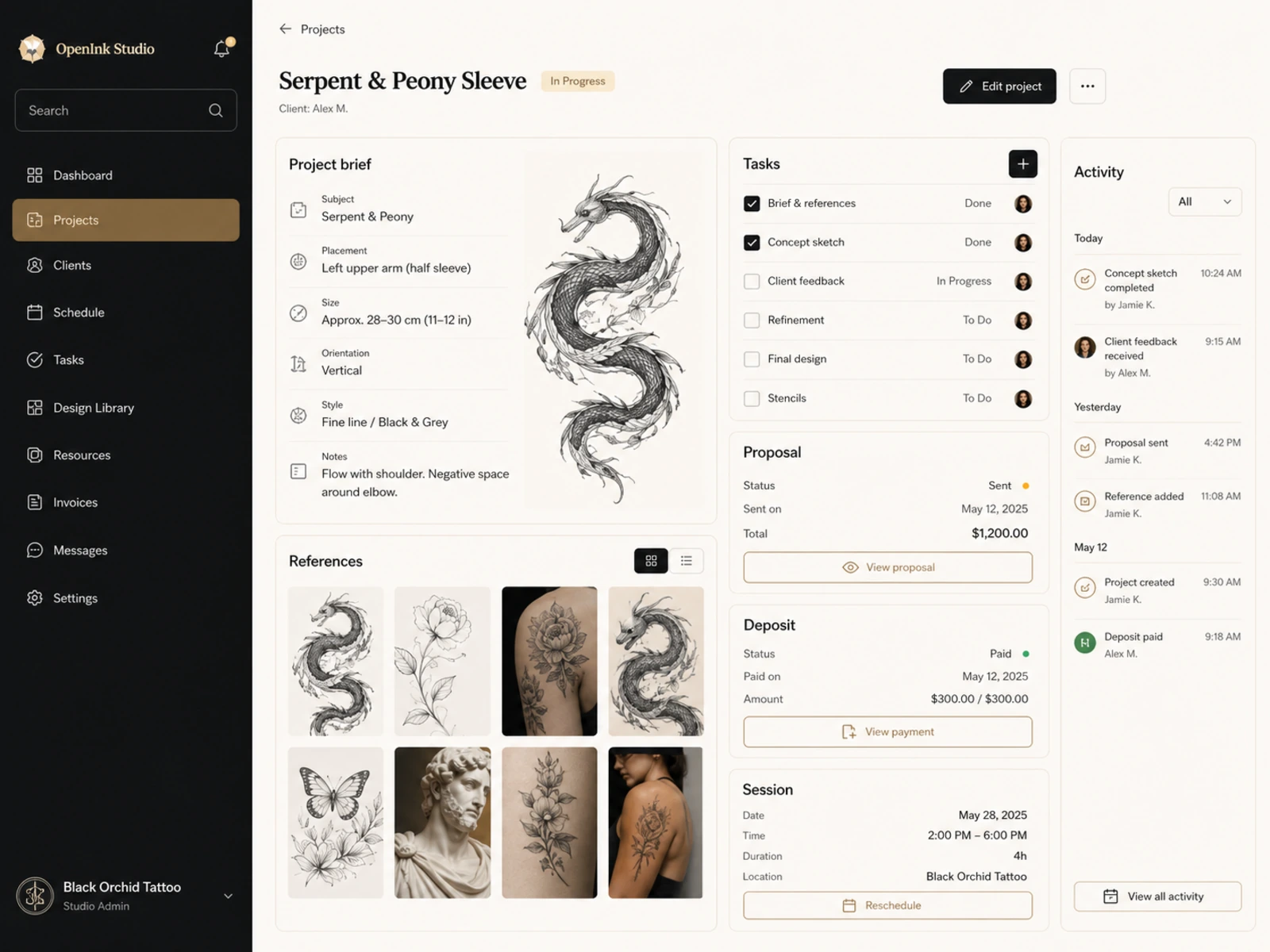 OpenInk Studio project workspace with a tattoo brief, tasks, proposal, deposit, and session details